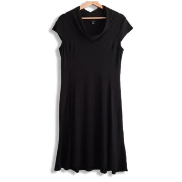 ANN TAYLOR Cowl Neck Stretchy Short Sleeve Comfy Knee Length Dress Black Sz 8 - Picture 2 of 15